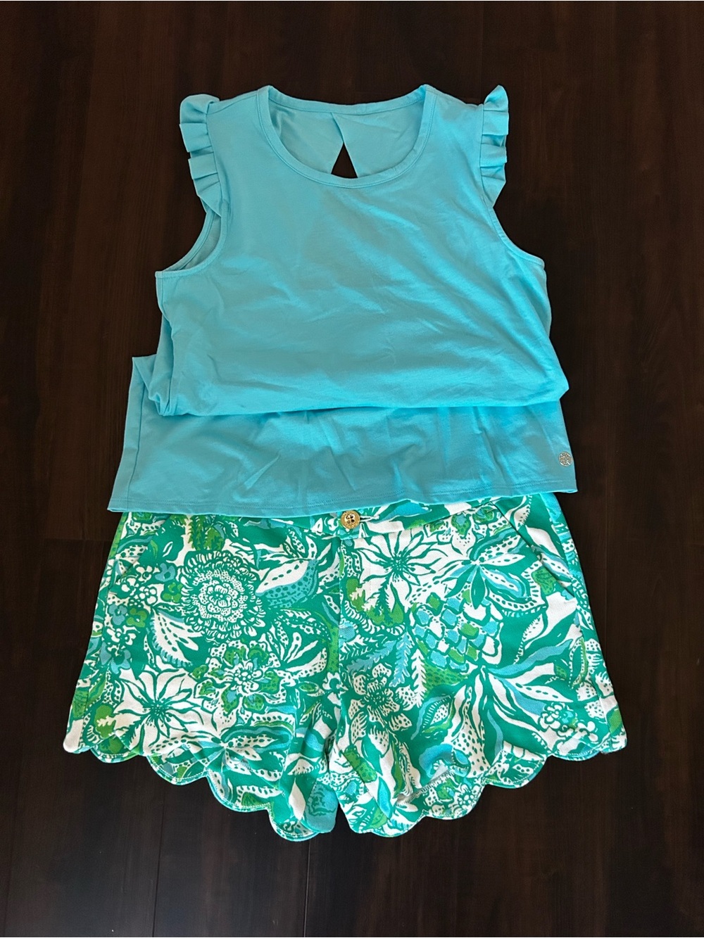 Lilly Pulitzer Turquoise Ruffle-Shoulder Tank Top & Floral Scallop Shorts Set